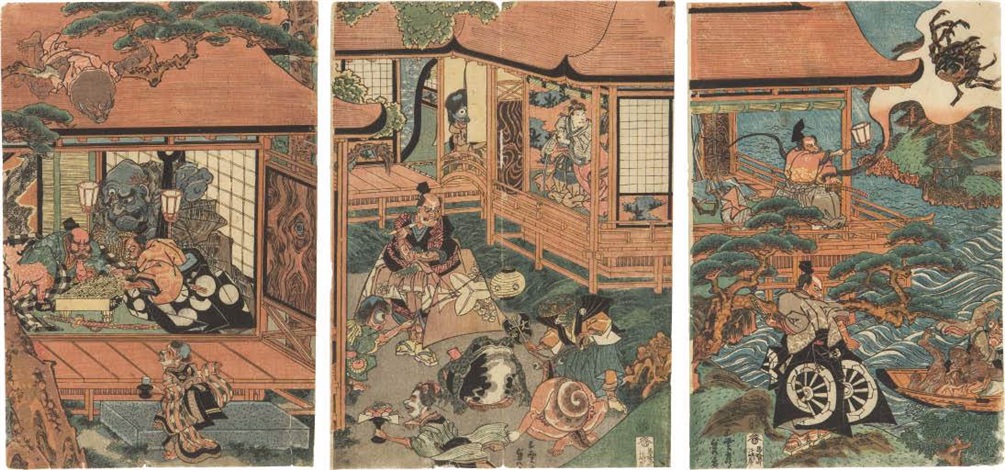 源頼光の館に土蜘蛛妖怪を現す三枚続 Minamotono Yorimitsu no
